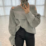 Korean Chic Women Sweater Elegant Hollow Out Off Shoulder Patchwork Loose Knitted Tops Office Lady Fashion Pullover-Outfit