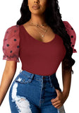 Sweet U-Neck Puff Sleeve Dot Print Regular