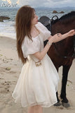 Birthday Korean Beach Style Square Collar Short Puff Sleeve Chiffon Ball Gown Mini Dress for Women Party Summer