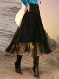 Patchwork Tassel Irregular Skirts For Women High Waist Spliced Mesh A Line Midi Skirt Female Clothing Fashion Style 2023