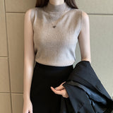2021 Sleeveless Summer Blouse Women Korean Knit Elastic Casual Clothes Solid Turtleneck Fashion Ladies Tops Blusas 8623