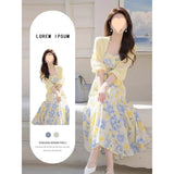 Dress Women's Summer 202 5 New Slimy Temperament Cardigan + Slings Broken Floral Dress Two