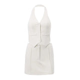Toloer Women's Summer 2023 New Sexy Little West Fake Pocket Hanging Neck Vest Fashion A-Line Skirt Suit