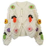 3D Flower Ball Hand Made Crochet White Cardigan Lazy CHIC Woman Full sleeve Knitted Sweater Loose Short Knitwear Jumper-Outfit