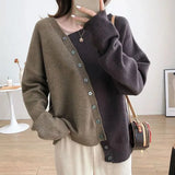 Style Female Irregular Spliced Skew Collar Sweaters Fashion All-match Contrasting Colors Button Loose Knitted