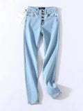 Skinny Four Buttons High Waist Pencil Jeans Women Slim Fit Stretch Denim Pants Full Length Denim Tight Trousers-Outfit