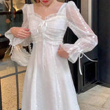 Sweet Fairy Dress Women Lace Printing Midi Dresses Casual Designer Chic Square Collar French Fashion Dresses Spring