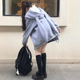 QWEEK Bunny Hoodie with Zipper Kawaii Oversized Sweatshirt 2021 Cardigan Women Long Sleeve Cute Top E Girl Pullover Solid Zip