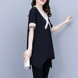 Solid Color Elegant V-Neck T-shirt Female Clothing Fashion Lace Spliced Summer Irregular All-match Short Sleeve Pullovers-Outfit