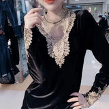 Lace Hollow Out Spliced Blouse Autumn Winter Slim Long Sleeve Basic Women's Clothing Casual Stand Collar Vintage Shirt-Outfit