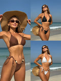 2025 Sexy Dew Back Solid Color Drawstring Strap Hanging Neck Beads Bikini