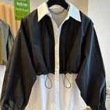 Contrasting Colors Patchwork Blouse Female Clothing Casual Loose Single-breasted Spring Autumn New Commute Polo-Neck