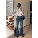 Blue T-Shirted High-Belt Plus Velvet Horn Jeans Women Autumn And Winter Spring And Autumn Narrow Version Straight Horseshoe Long