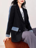 Women's Blazer Notched Collar Patchwork Denim Double Breasted Panelled Elegant Suit Jackets 2024 Summer New Fashion 29L3200-Outfit