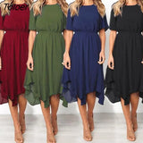Lady Solid Color Irregular Waist Short Sleeve Round Neck Midi Dress woman