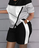 O-neck Patchwork T Shirt Two Piece Set Casual Loose Print Tshirt Short Set Women 2023 White Pockets Shorts Suits-Outfit