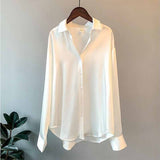 Vintage Fashion Button Up Satin Shirt Silk Korean Office Ladies Elegant Shirt Blouse White Long Sleeve Shirts Tops