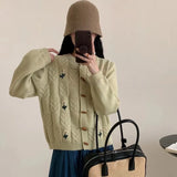 Horn Buckle New Year Red Sweater Cardigan Girl Autumn Winter Loose Lazy Wind New Year Red Knitted Coat Girl-Outfit