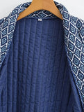 Autumn Winter Blue Geometric Plaid Print V Collar Quilted Coat Ethnic Women Long Sleeve Oversized Jackets Loose Outwear-Outfit