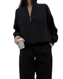 Piece Sets Women Solid Stand Collar Zipper Full Sleeve Tops Straight Long Pants Set Splice Loose Casual Autumn Winter 2023-Outfit