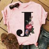 Letter Alphabet A-Z Women T-Shirts Fashion Breathable Flowers Short Sleeve Casual Tops Couple Basic Tee Crew Neck Clothes