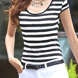 Women Slim Striped T-Shirt Black White O-Neck Tops Korean All-Match Shirts Ladies Short Sleeve Casual Shirt Hot
