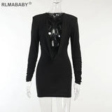 Women Vintage Deep V Neck Long Sleeve Autumn Winter Mini Bodycon Dress Sexy Night Clubwear Short Slim Black Folds