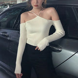 Off Shoulder Knitted Sweaters 2022 Long Sleeve Autumn Vintage Lady White Black Tops Women Sweater Mujer Pull Femme