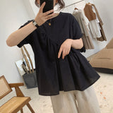 Women O-neck Short Sleeve Pockets Asymmetrical Loose Solid Simple All-match Korean Style Daily Ladies A-line Female