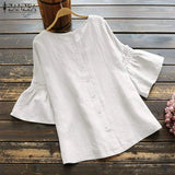 ZANZEA Vintage Ruffle Sleeve Tops Summer Women's Blouse Casual Linen Tunic Female O Neck Blusas Mujer