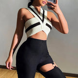 Women Knit Tank Top Contrast Color Striped Print Cross Neck Sleeveless Camisole Elastic Casual Skinny Vest
