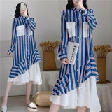 Clothing Striped Spliced Dresses Stylish Asymmetrical Fake Two Pieces Spring Autumn Polo-Neck Single-breasted Midi