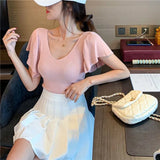 Small Sexy V-Neck T-Shirt Summer Pink Top Women's Lotus Side Of The Ocean With Thin Collarbones Cover Short
