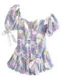 Women Spliced Bow Bandage Floral Print Mini Dress Sexy Short Lantern sleeve One Shoulder Party Dresses-Outfit