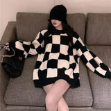 Clothing Plaid Knitted Jumpers Korean Patchwork Loose Autumn Winter Commute Long Sleeve Casual Round Neck Midi