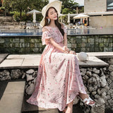 Vintage Floral Chiffon Long Dress Sexy Hollow Off Shoulder Ruffle Boho Dresses 2022 OL Elegant Women Party Dress