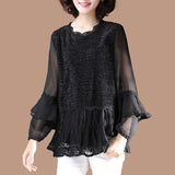 Casual Loose O-Neck Fashion Sequined Chiffon Blouse Spring Autumn Korean Ruffles Lace Spliced All-match Long Sleeve