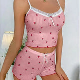 Summer New Large Print Pit Strip Home Lady Bow Slings Shorts Strawberry Print Two