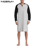 Patchwork Men Robes Sleepwear Long Sleeve V Neck Homewear Soft Nightgown Leisure Comfortable Men Clothes Bathrobes