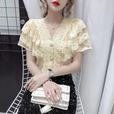 V-neck Hollow Lace Women Tops 2021 New French Sexy Ruffle Stitching Shirt Female Short Sleeve Slim Crochet Blouse