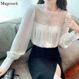 Mesh Satin Chiffon Shirt Long Sleeve Pleated Loose Vintage Blouse Autumn Casual O-neck Beading Stitching Blouse