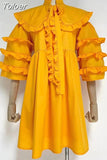 Sweet Solid Mini Dress For Women Peter Pan Collar Loose Sleeve Patchwork Ruched Folds High Waist Dresses Female 2023