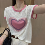 Women's Heart-shaped Printing Thin Bamboo Knot Cotton Short Sleeve Casual Loose and Cool Versatile Temperament Tops-Outfit