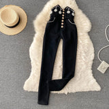Trousers For Women Fashion High Waist Skinny Pants Spring Design Chic Beading Streetwear Long