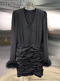 Casual Black Dress For Women V Neck Long Sleeve High Waist Ruched Sexy Mini Dresses Female Korean Fashion