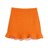 Women Fashion Front Buttons Tweed Cropped Waistcoat And High Waist Ruffled Hem Mini Skirts Female Two Pieces Sets