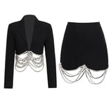 Casual Patchwork Chain Two Piece Set Women Notched Long Sleeve Blazer Temperament Skirts Women's Set Spring