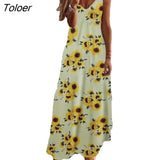 New Women Elegant Vintage Boho Long Maxi Dress Printed V Neck Women Suspender A-line Skirt for Beach Sundress