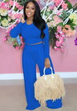 Fashion Slim Long Sleeve Round Neck Crop Top And Matching Wide Pants