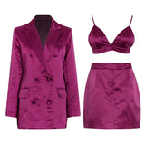 Casual Three Piece Set For Women V Neck Sleeveless Vest Lapel Long Sleeve Blazer Mini Skirts Solid Sets Female